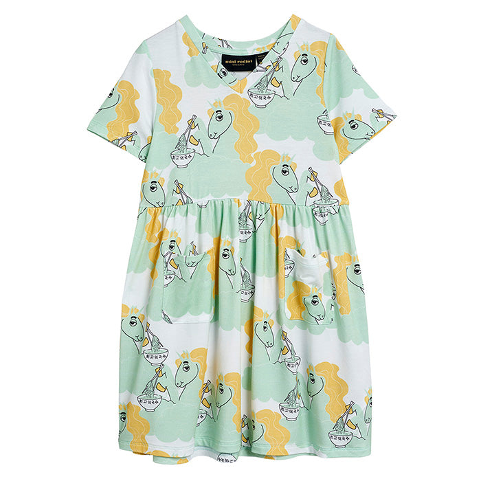 Mini Rodini Baby And Child Dress With All Over Unicorn Noodle Print Green