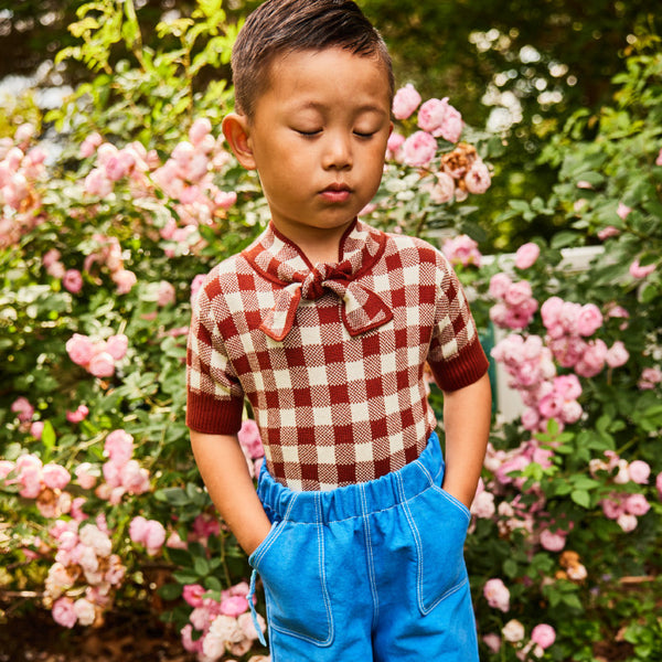 Misha & Puff Child Elsa Sweater Cedar Brown Picnic Check