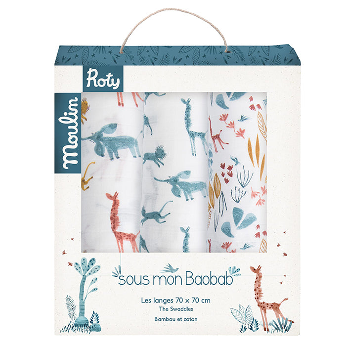 Moulin Roty Sous Mon Baobab Set Of 3 Muslin Swaddles