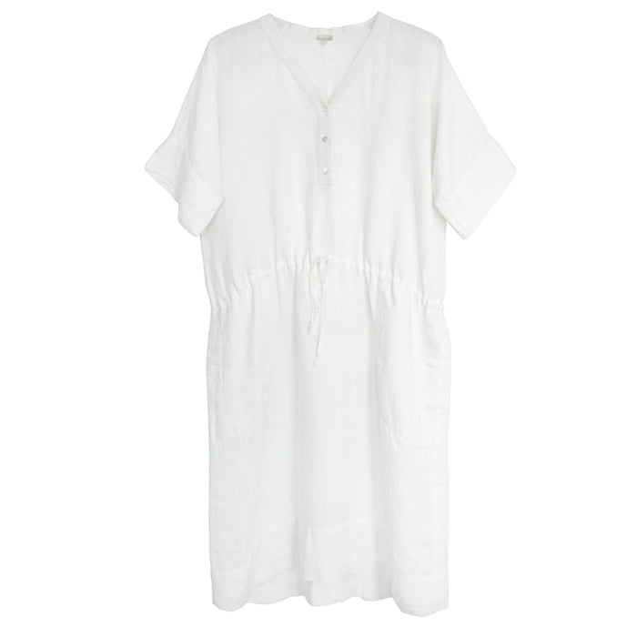 White short sleeved dress with a drawstring waist.