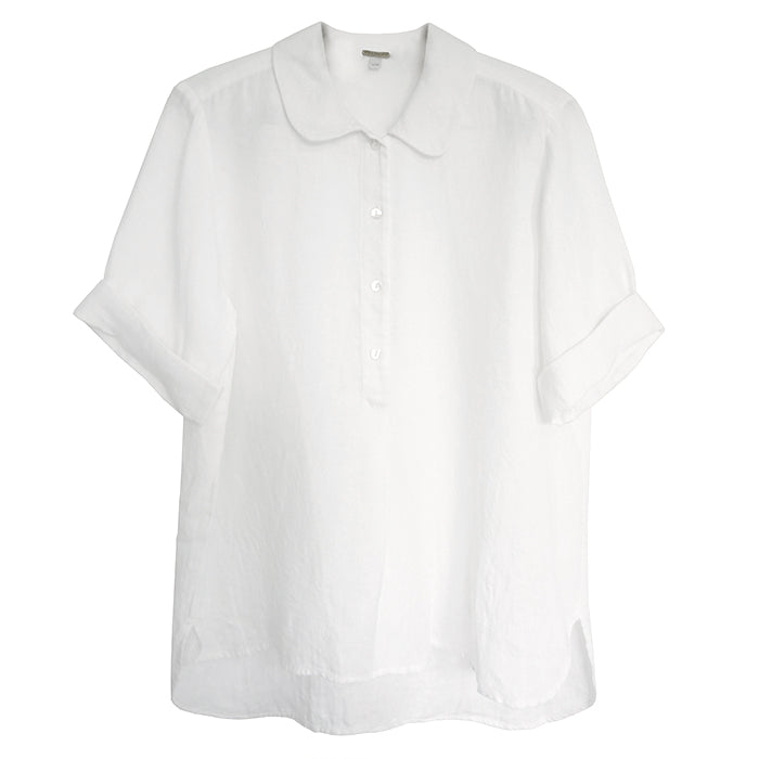 White short sleeved collared blouse with buttons down the front.