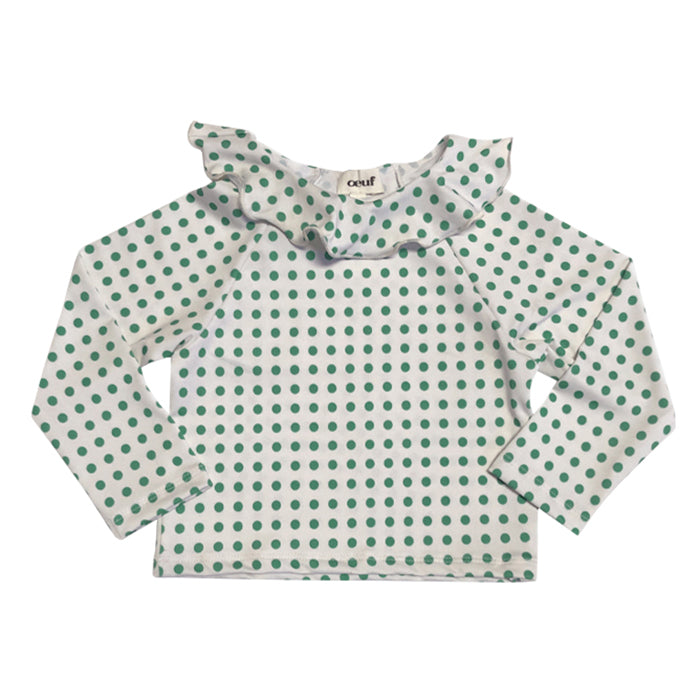 Oeuf Baby And Child Ruffle Swim Top Green Dots Print