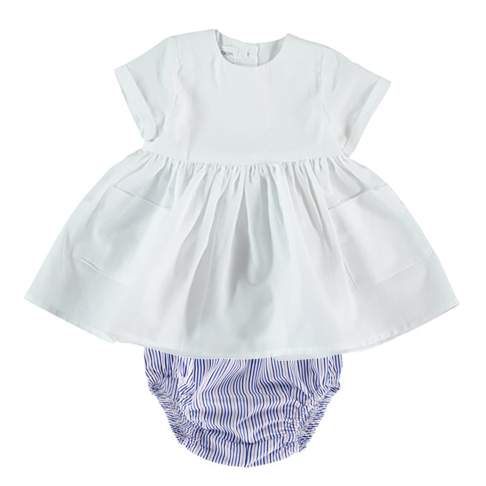 Pequeno Tocon Baby Two Piece Set Dress With Bloomers Blue And White