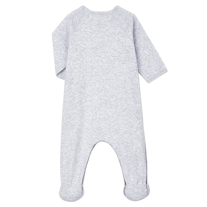 Grey long sleeved baby pyjama with attached feet from the back.