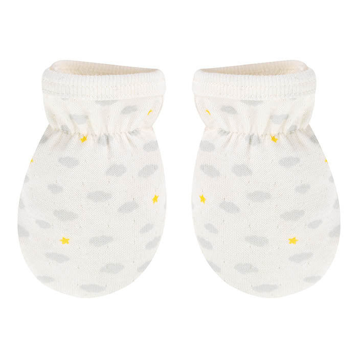 A pair of white newborn mittens with a cloud and star print.