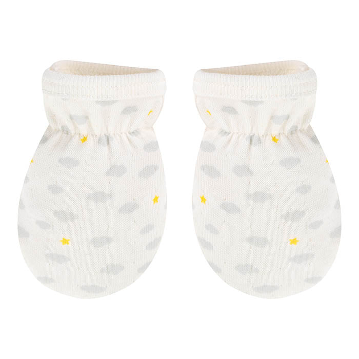 A pair of white newborn mittens with a cloud and star print.