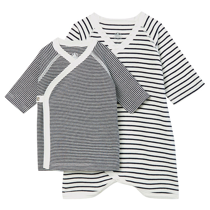 Cream and navy blue striped wrap style top and pyjama.