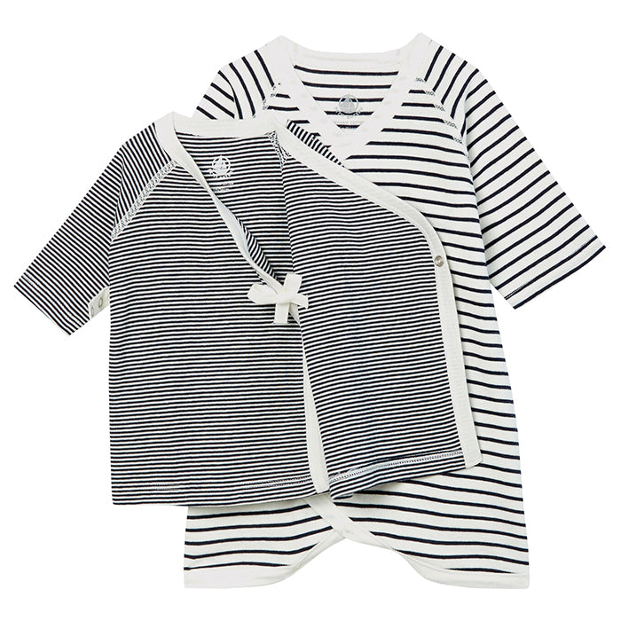 Cream and navy blue striped open wrap style top and pyjama.