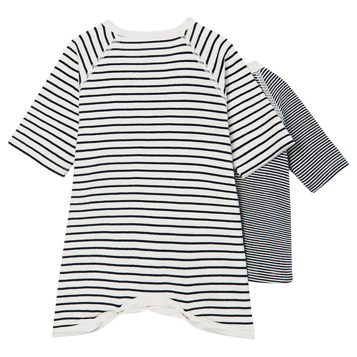 Cream and navy blue striped wrap style top and pyjama from the back.
