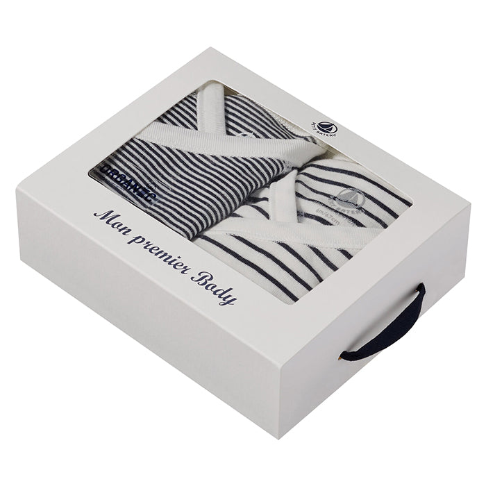 A box set of two cream and navy blue striped baby clothes.