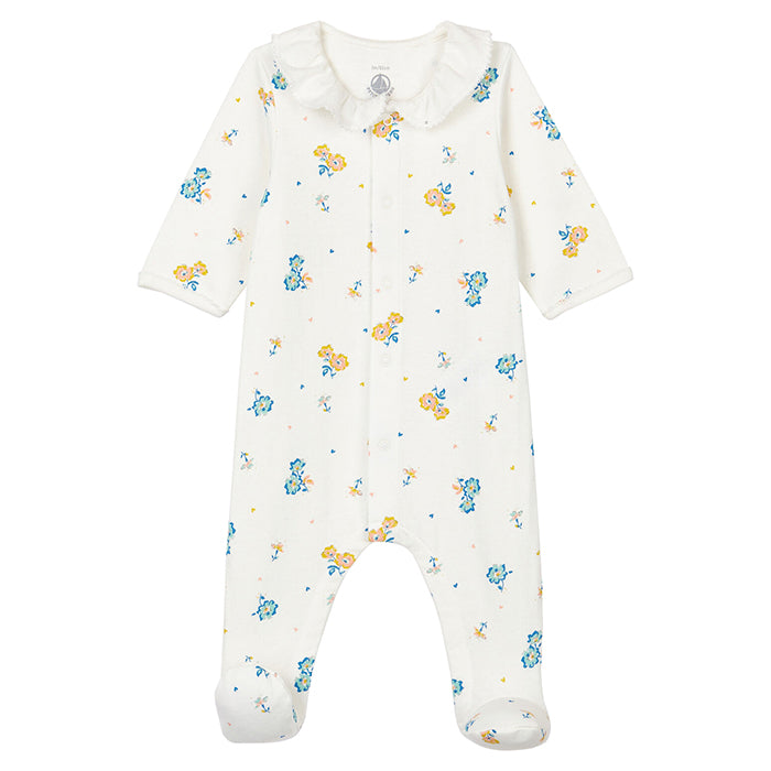 Petit Bateau Baby Talna Pyjamas With Feet Marshmallow White With Floral Print