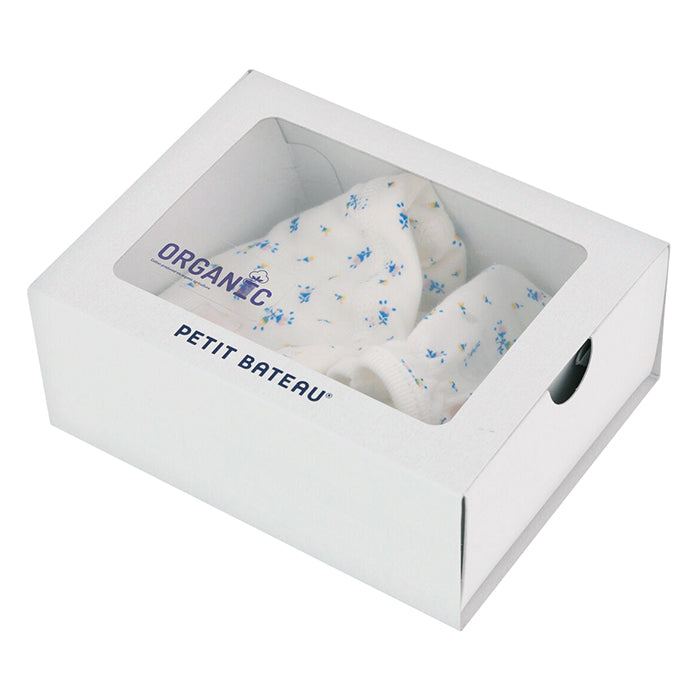A box set of baby accessories in white with blue floral print.