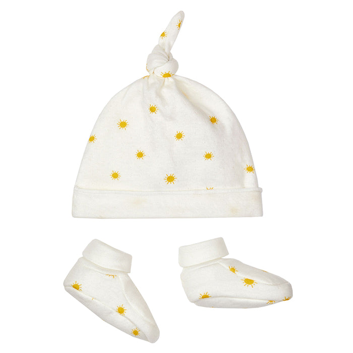 Petit Bateau Baby Hat And Booties Set Cream With Sun Print