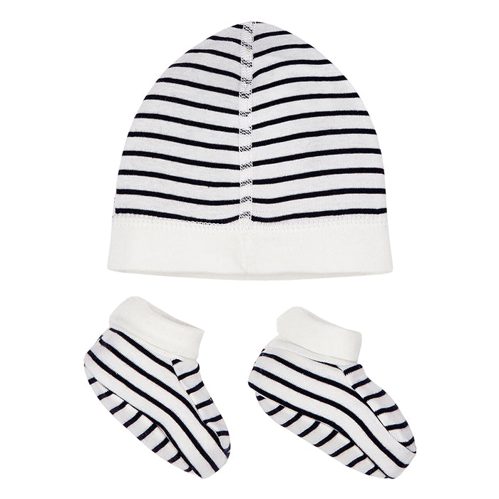 Petit Bateau Baby Hat And Booties Set Navy Blue Stripes