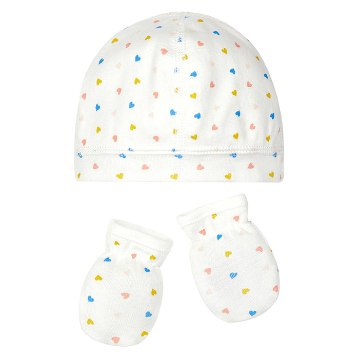 Petit Bateau Baby Two Piece Set Hat And Mittens Multicolour Heart Print