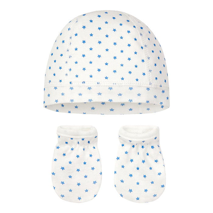 Petit Bateau Baby Two Piece Set Hat And Mittens Blue Star Print
