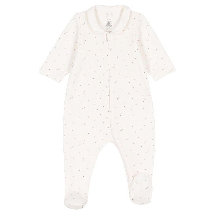 Petit Bateau Baby Collared Pyjamas Velour White With Grey Stars