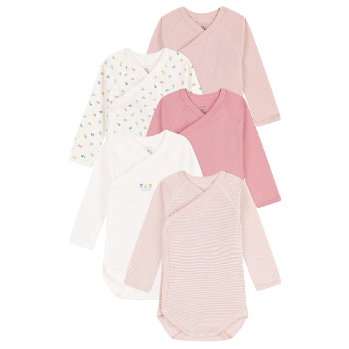 Petit Bateau Baby Set Of Five Long Sleeved Bodysuits Pink With Floral Print