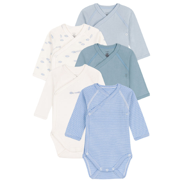 Petit Bateau Baby Set Of Five Long Sleeved Bodysuits Blue With Cloud Print