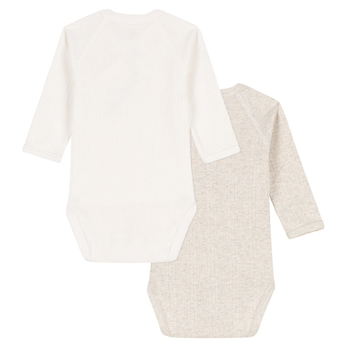 Petit Bateau Baby Set of Two Ribbed Long Sleeved Cross Over Bodysuits Beige And White