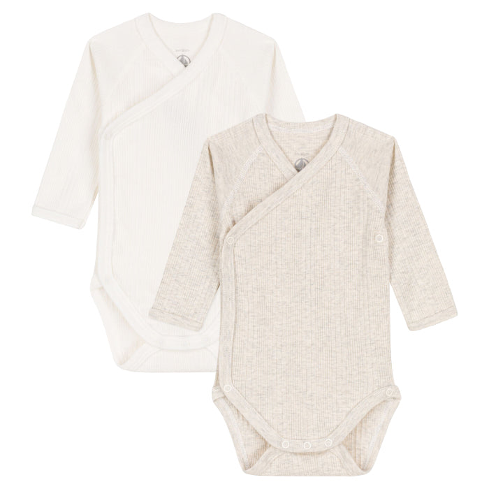 Petit Bateau Baby Set of Two Ribbed Long Sleeved Cross Over Bodysuits Beige And White