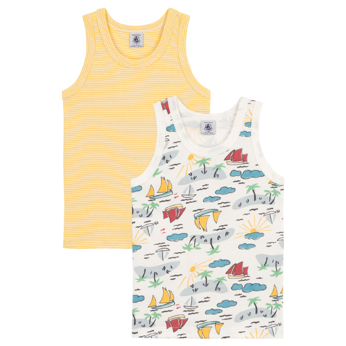 Petit Bateau Child Set Of Two Tank Tops Boat And Island Print