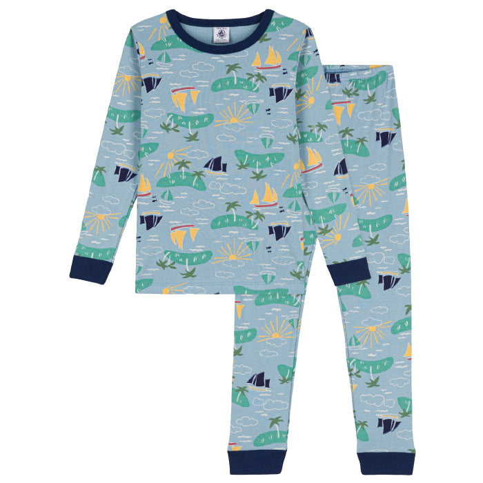 Petit Bateau Child Pyjamas Green With Boat And Island Print
