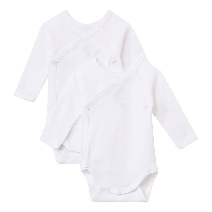 Two white long sleeved jersey bodysuits with wrap front.