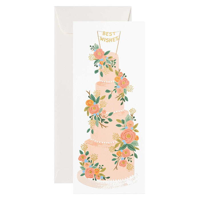 A tall greeting card with a pink wedding cake and envelope.