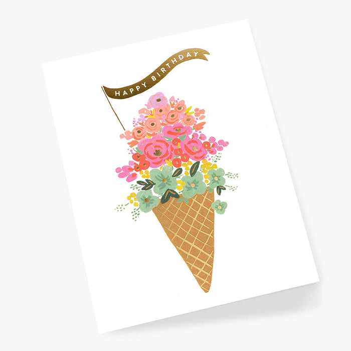 A birthday card with a pink floral ice cream cone print.