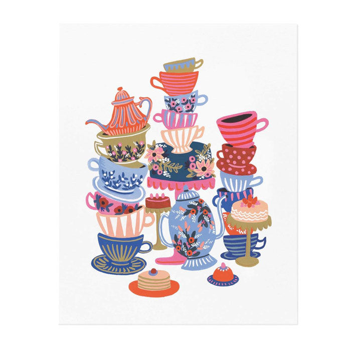 Poster of pink, blue and purple patterned tea cups and teapots.