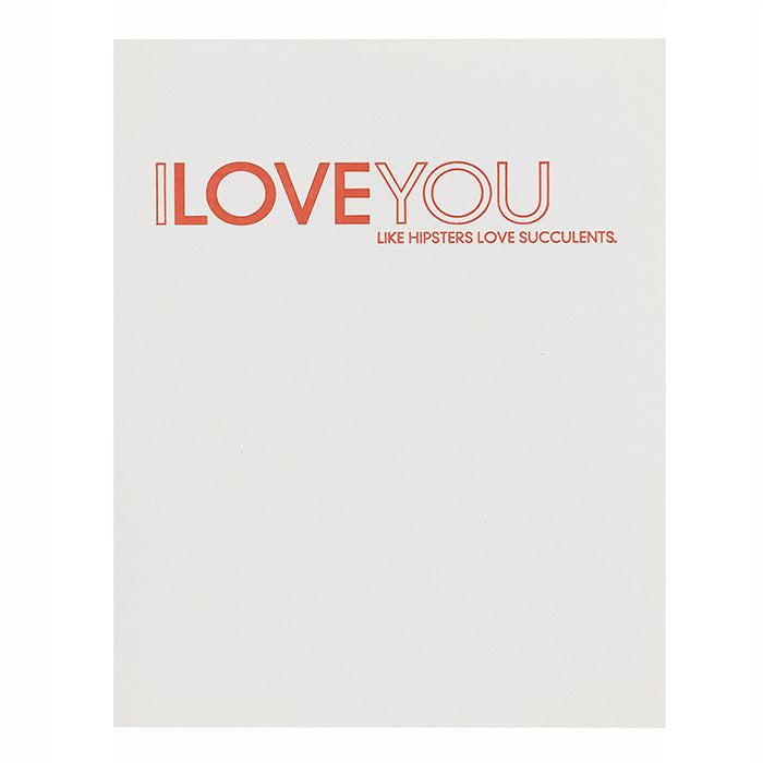 White card with a red "I love you" print.