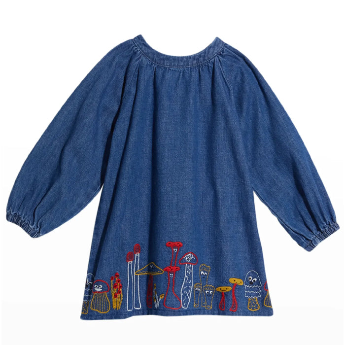 Stella McCartney Child Denim Dress With Mushrooms Embroidery Blue