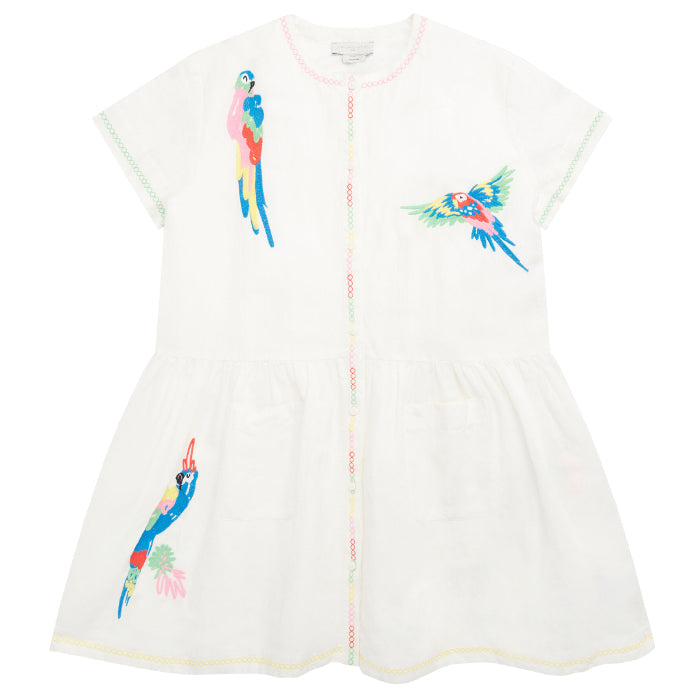 Stella McCartney Child Dress White With Parrots Embroidery