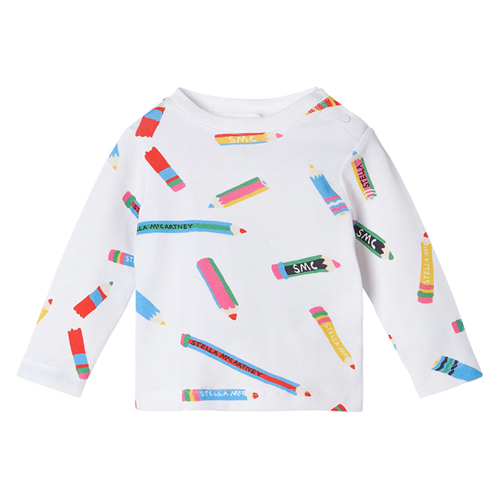 White long sleeved t-shirt with an all over colourful pencil print.