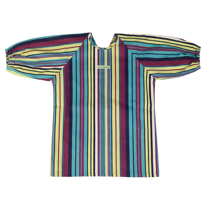 Artist smock with long sleeves in green, blue and purple stripes.