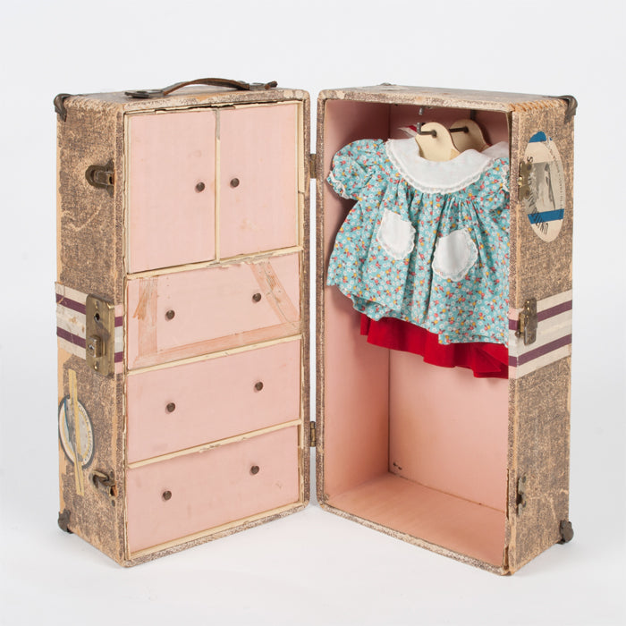 Vintage Doll Wardrobe Suitcase With Clothing Brown