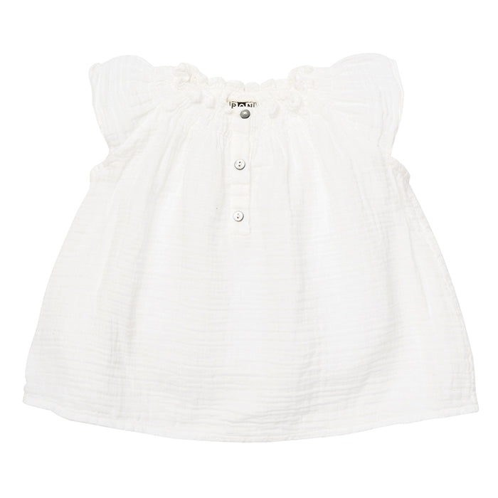Short sleeved henley blouse in a white cotton gauze.
